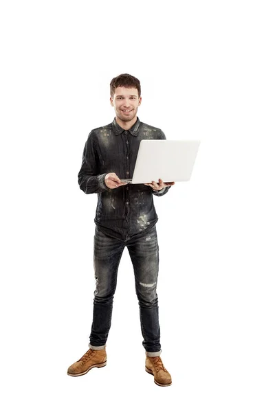 Portrait marketing Manager avec ordinateur portable sur fond blanc . — Photo