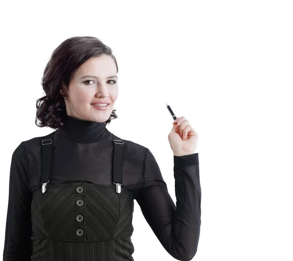 Lächelnde Geschäftsfrau zeigt einen Punkt auf einem leeren Bildschirm — Stockfoto