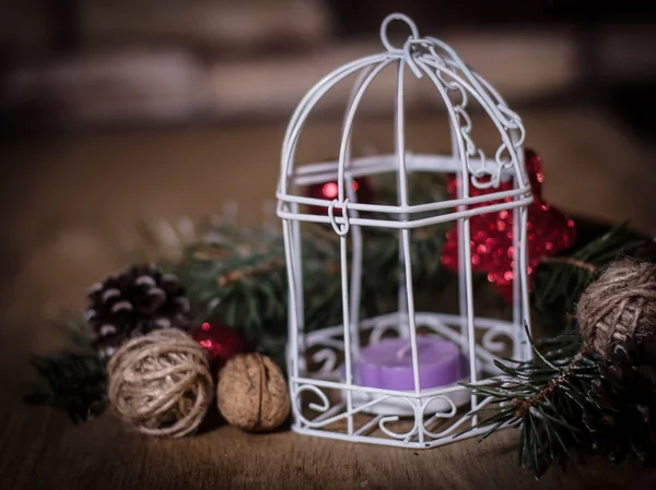 Fundo de Natal.Vela de Natal e decoração de árvore de Natal — Fotografia de Stock