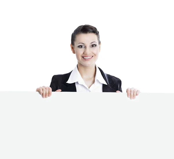 Closeup.smiling mujer de negocios con una gran pancarta en blanco . — Foto de Stock