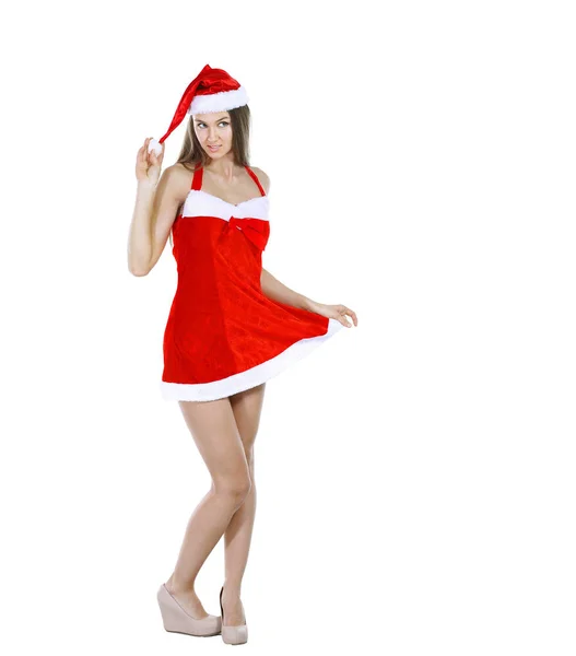 身着圣诞服装的年轻女子模特在镜头前摆姿势 — 图库照片