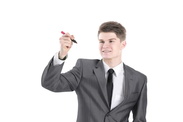 Zakenman wijst met een marker op het virtuele punt. — Stockfoto