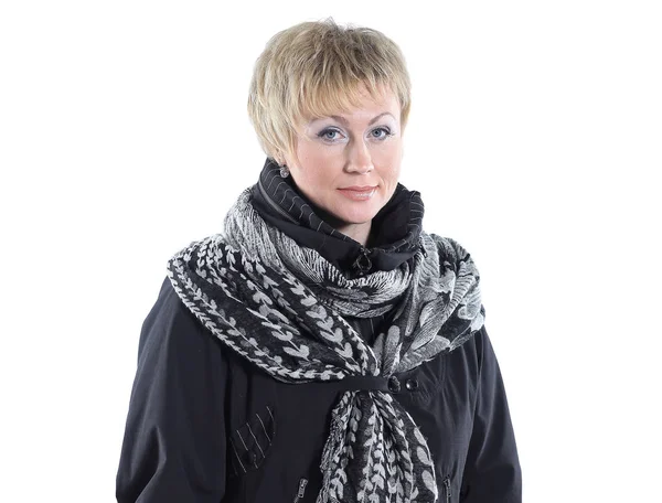 Bir siyah ceket ve beyaz scarf.isolated moda kadın. — Stok fotoğraf