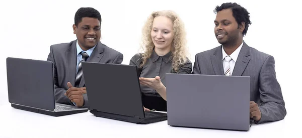 Successful business team discussing the information with the la — Stock Photo, Image