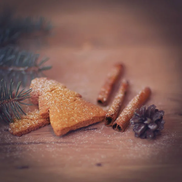Tarçın çubukları, kurabiyeler ve Noel ağacı dalı ama masa... — Stok fotoğraf