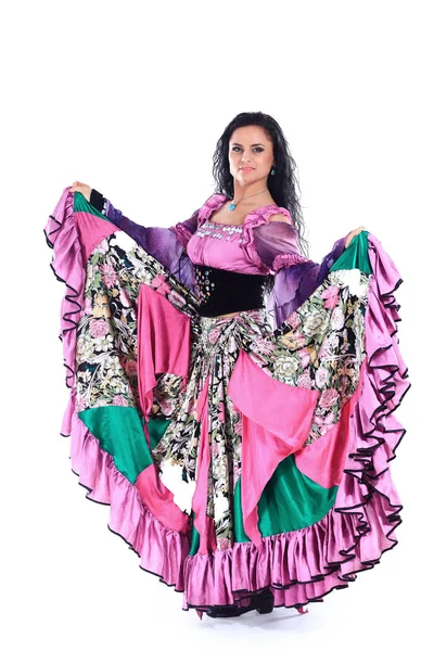 Portrait of a beautiful Gypsy dancer performs the dance on a white background — Stock Photo, Image