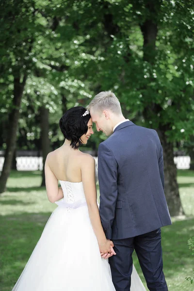 Mariée et marié lors d'une promenade dans le parc — Photo