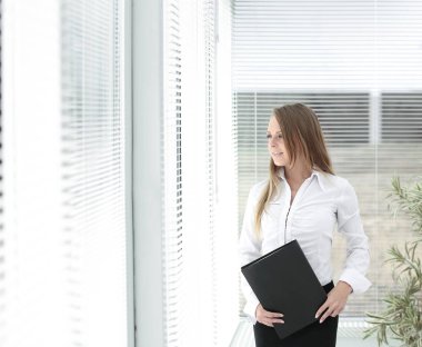 başarılı iş kadını ile modern bir ofis clipbord ayakta