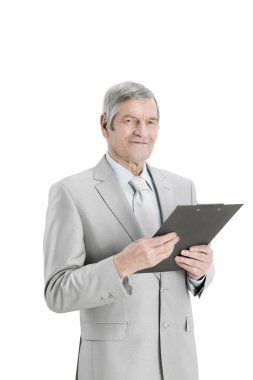 Documents.isolated bir beyaz ile olgun iş adamı