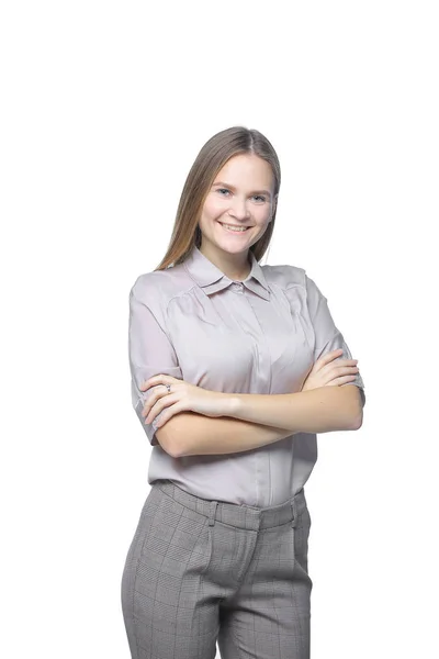 Uśmiechnięty młody biznes woman.isolated biały — Zdjęcie stockowe