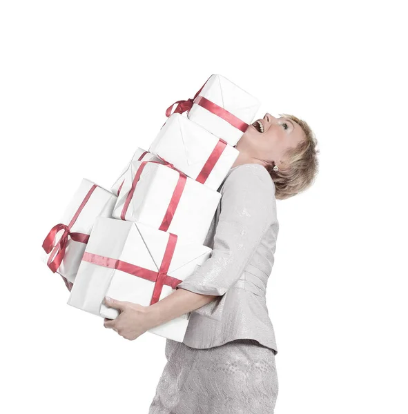 Closeup of woman with lots of gift boxes. — Stock Photo, Image