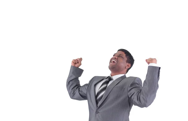 Homem de negócios muito feliz .isolated em um fundo branco . — Fotografia de Stock