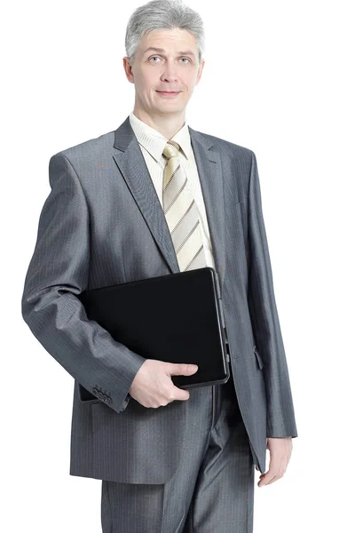 Exitoso hombre de negocios con carpeta de cuero.aislado en blanco — Foto de Stock