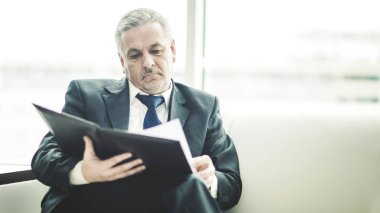 başarılı bir iş adamı çalışma kağıtları özel ofisinde kanepede oturan çalışmalar