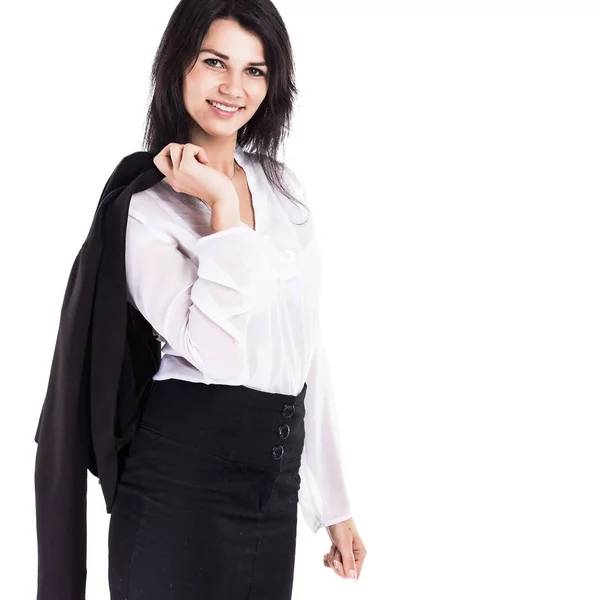 Young, attractive, successful business woman, confident look in the frame holding his jacket on his back — Stock Photo, Image