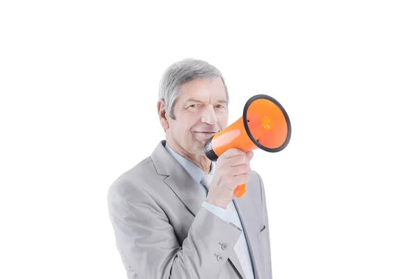 Uomo d'affari maturo con megaphone.isolato su sfondo bianco . — Foto Stock