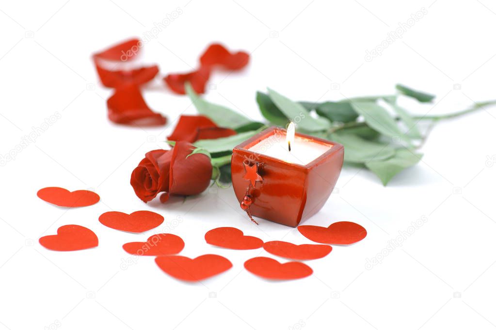 burning candle and red rose on white background.photo with copy space