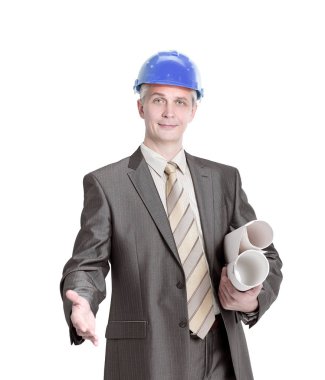 bir el sıkışma için elini uzatarak başarılı inşaat mühendisi