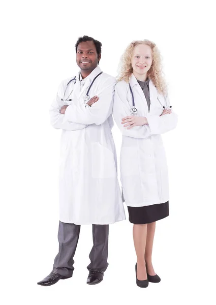 Full body portrait of two happy smiling young medical people, — Stock Photo, Image