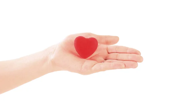 Mano sosteniendo el corazón rojo sobre fondo blanco. Día de San Valentín —  Fotos de Stock