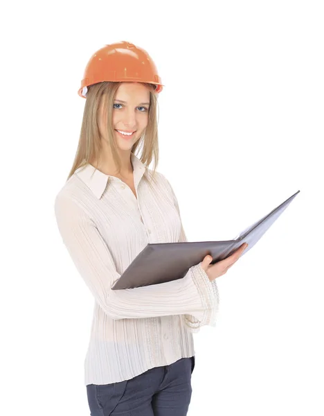 Woman architect in hard hat with folder in hand — Stock Photo, Image