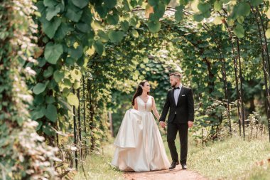 rear view. happy bride and groom passing under the wedding arch.