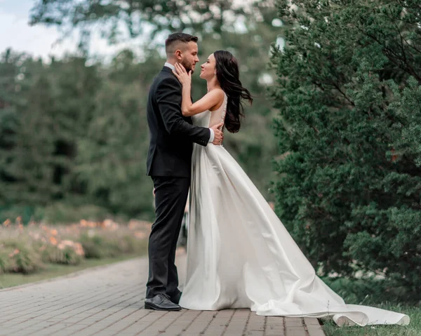 In full growth. bride and groom looking at each other tenderly — Stock Photo, Image