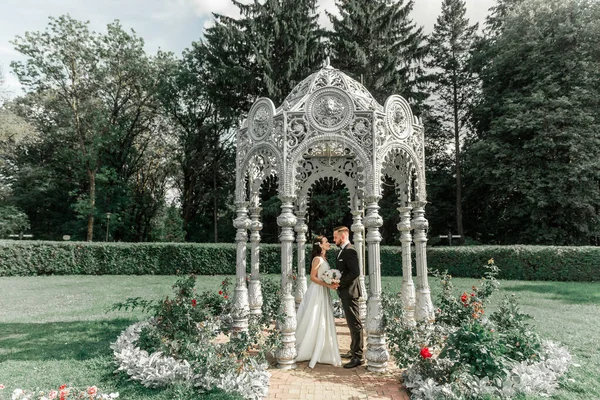 Feliz novia y novio de pie en mirador arqueado — Foto de Stock