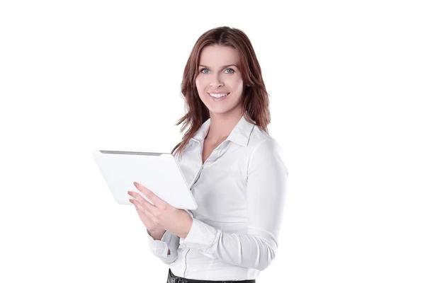 Close up.young mujer de negocios con tableta digital. aislado en blanco —  Fotos de Stock