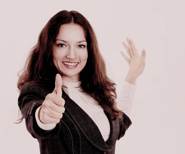 Biznes kobieta wyświetlone kciuk up.isolated na białym uśmiechem — Zdjęcie stockowe