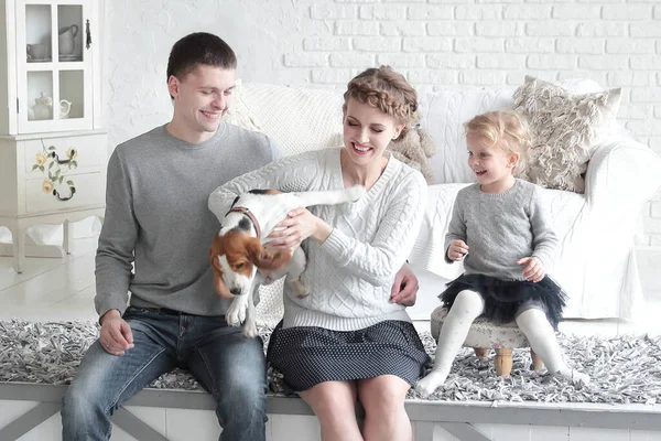 Padres y niña jugando con un perro — Foto de Stock