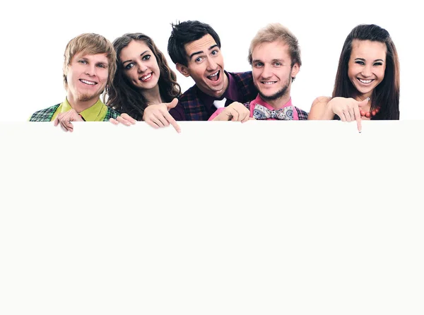 Groep van gelukkige mensen met banner. Geïsoleerd op witte achtergrond — Stockfoto