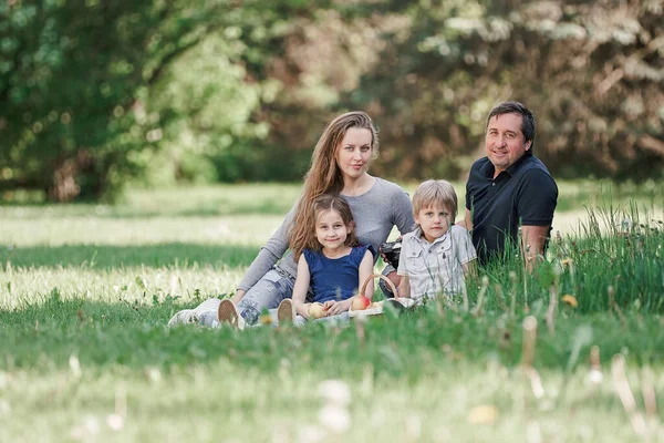 Vesani 日に芝生の上に座って子供を持つ若い家族 — ストック写真