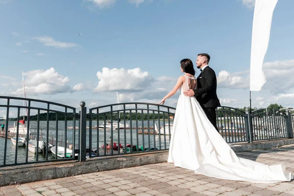 Noiva e noivo em pé na ponte . — Fotografia de Stock