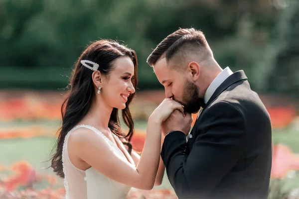 Happy groom kissing his bride. holidays and events — Stock Photo, Image