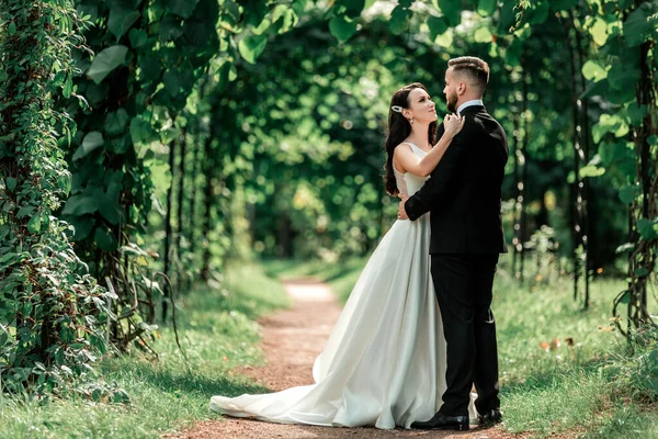 Düğün kemerinin altında mutlu gelin ve damat