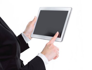 Kapat. iş kadını dijital tablet ekranına dokunuyor