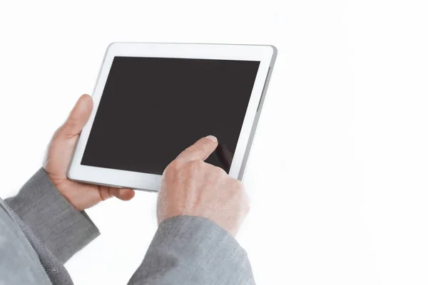 Close up.businessman apuntando con el dedo a la pantalla en blanco tablet.isolated sobre fondo blanco — Foto de Stock