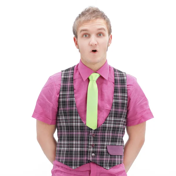 Überraschter junger Mann in karierter Jacke und hellem Hemd — Stockfoto