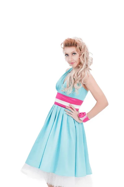 Porträt einer jungen Frau im hellblauen Kleid im Stil von Pin-up — Stockfoto