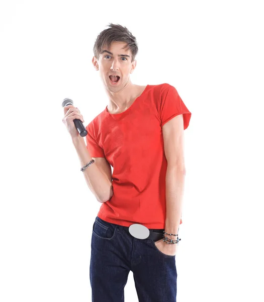 Молодий сучасний чоловік з мікрофоном ізольований на білому тлі — стокове фото