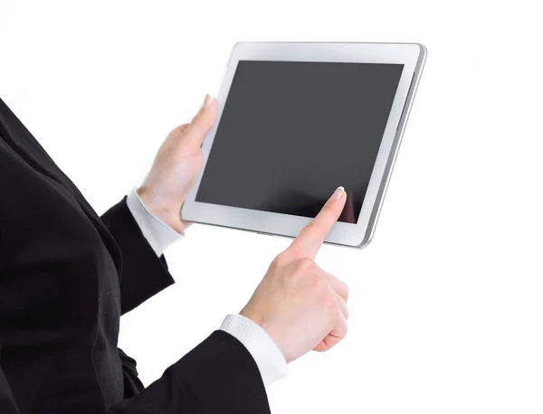 Fecha. mulher de negócios tocando a tela do tablet digital — Fotografia de Stock