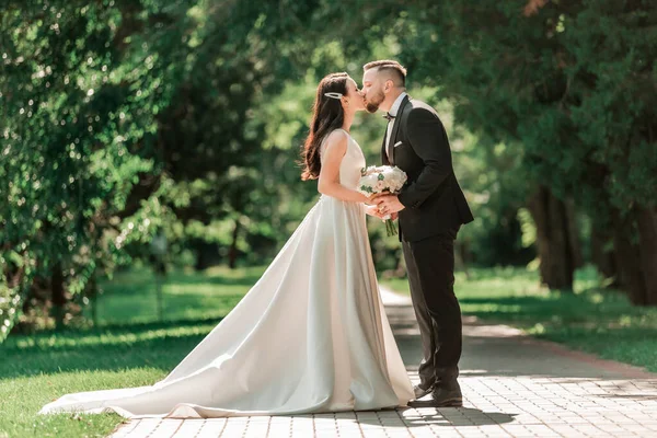 Loving couple of newlyweds standing on a Park alley — Stockfoto