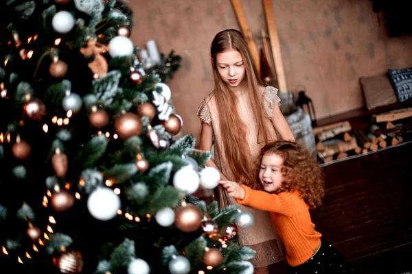 Sluit mooi zusters up.two permanent door de kerstboom — Stockfoto