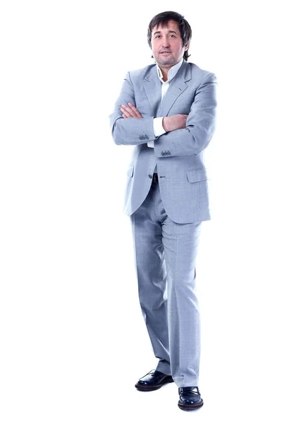 En pleno crecimiento. hombre de negocios confiado en un traje gris. aislado en blanco —  Fotos de Stock