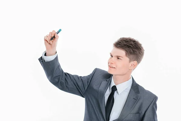 Empresário apontando com um marcador no ponto virtual. — Fotografia de Stock
