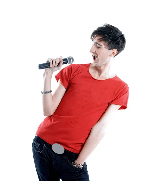 Émotionnel gars avec un microphone .isolated sur un blanc — Photo