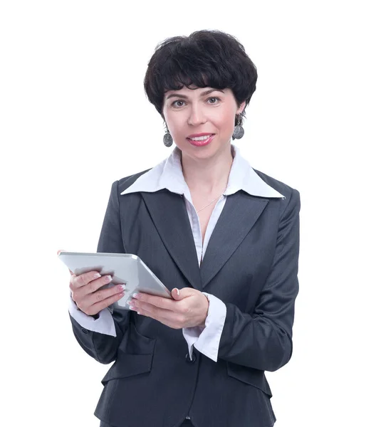 Mujer de negocios moderna con tablet.isolated digital en blanco — Foto de Stock