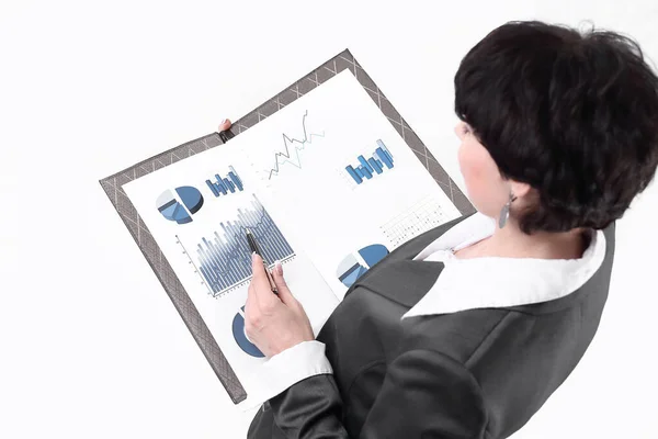 Close up. business woman analyzing financial data — Stock Photo, Image