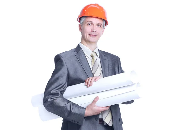 Retrato de arquiteto engenheiro confiante com os desenhos — Fotografia de Stock